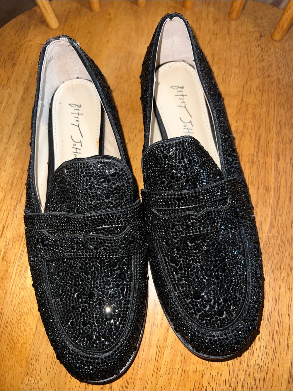 Betsy Johnson Penny Loafers Black Rhinestone Aron Fabric Glass Sparkle Size 8
